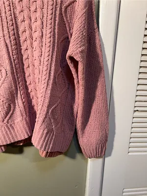 SO Womens Size Large Crewneck Sweater Chenille Light Pink Cable Knit Balloon Slv thumbnail 4