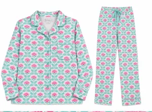 PajamaGram Floral Cotton Pajama Set Aqua Pink Women’s XL thumbnail 1
