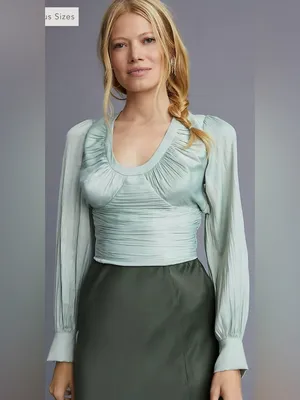 Anthropologie blouson-sleeve blouse is featured in a silky, sage-green fabric. thumbnail 2