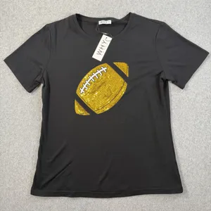 WHY DRESS Women's Large Black Sequin Football T-Shirt Crew Neck Short Sleeve Top thumbnail 1