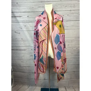 Boho Abstract Floral Scarf Pink Colorful Pattern Fringe Border Oversized Wrap thumbnail 2