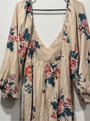 Free People Francesca Mini Dress L Cream Floral Balloon Sleeve Boho thumbnail 9