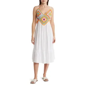 Raviya Crochet Bodice Top‎ Tiered Boho Midi Dress Cover Up White Multi Medium thumbnail 2