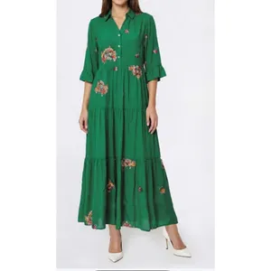 Figueroa & Flower Tiered Maxi Dress Green‎ Boho Peasant Floral Garden Party MED thumbnail 2
