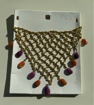 Zara Mesh Net Bib‎ Gold Necklace Resin Beads Bohemian Resort thumbnail 1