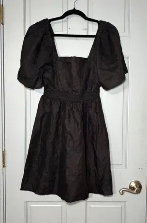 Linen Puff Sleeve Mini Dress Smocked Back Cottagecore Size 10 thumbnail 1