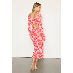 Lulus Dasia Pink and Red Abstract Print Mesh Cutout Midi Dress Large NWT thumbnail 3