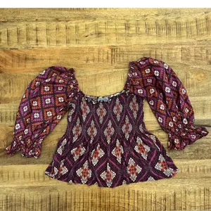 Conditions Apply Smocked Puff Sleeve Top Small Boho‎ Geometric Peplum Peasant thumbnail 3