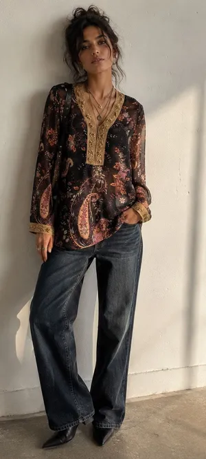White Stag Y2K Sheer Paisley Floral Beaded Tunic Blouse Top M thumbnail 1