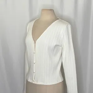 VINCE Pearl Button Cardigan Sweater Off White Ribbed Cropped V Neck‎ X-Large thumbnail 8