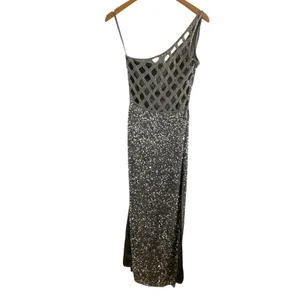 Scala One Shoulder Silver form fitting dress‎ with high slits size MED thumbnail 9