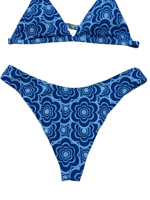Blue Retro Floral Cheeky Bikini Set XL High Leg Triangle Swimwear Y2K Boho Beach thumbnail 9