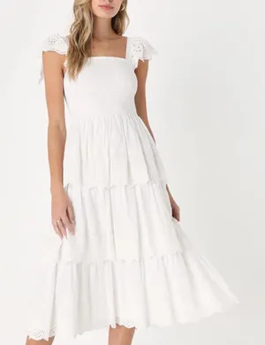 Lulus Blissful Elegance White Smocked Tiered Midi Dress. Size small thumbnail 1