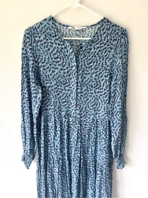 Zara The Angel Dress Blue Abstract Tiered Midi Dress Long Sleeves Flowy Boho thumbnail 4