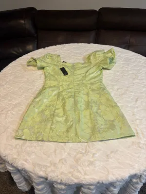 Lulu’s Beyond Amazing Light Green Floral Jacquard Puff Sleeve Dress Size M. NWT . thumbnail 13