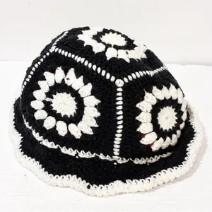 Black White Crotchet Flower Boho Grandma Bucket Hat One Size‎ thumbnail 3