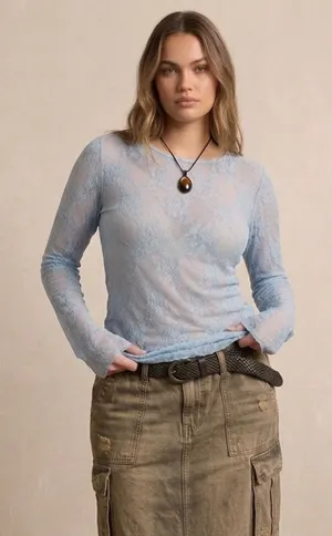 Y2K Baby Blue Sheer Floral Lace Mesh Long Sleeve Top Plus Size 2XL Fairycore thumbnail 1
