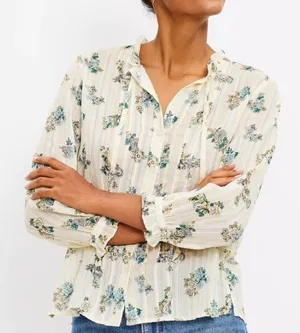 LOFT Floral Bouquet Ruffle Neck Button‎ Front Cotton Blouse Large Peasant Boho thumbnail 1