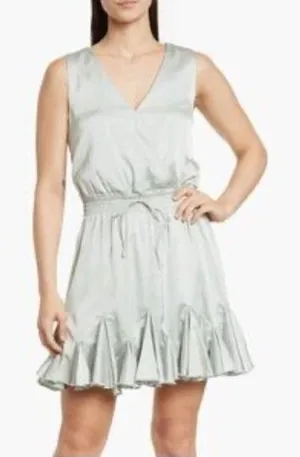 Love X Design Sage Green Satin Smocked Waist Pleated Hem Mini Dress Size Large thumbnail 1