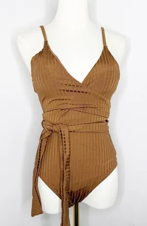 Aerie Ribbed Shine Wrap One Piece Swimsuit Medium Long Brown Full Coverage thumbnail 1