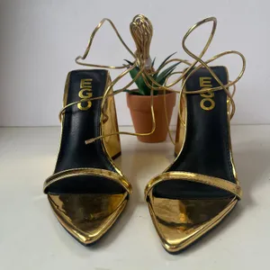 EGO Gold Lace Up Chunky Heel Womens Shoes Sz 5 Y2K Club Glam Metallic Pointed thumbnail 4