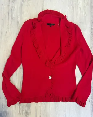 BCBGMaxAzria Vibrant Red Ruffle-Trim Cardigan thumbnail 1