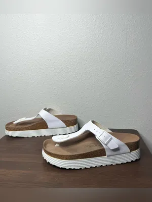 Papillio Birkenstock White Vegan Leather Gizeh Flex Platform Sandal Size 6 thumbnail 3