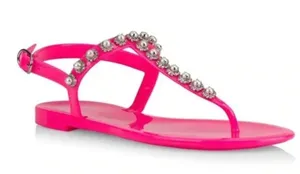 NEW STUART WEITZMAN Pearl Crystal-embellished Jelly Thong Sandals In Neon Pink thumbnail 1