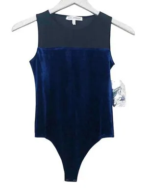Good American The Mixed Velvet Bodysuit Navy Blue and Black NEW thumbnail 1