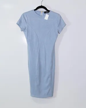 NEW Akira Faux Vegan Suede Leather Short Sleeve Mini Shift Dress Sky Blue M thumbnail 1