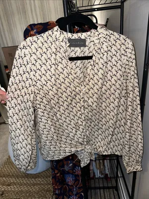 Anthropologie Cream Patterned Long-Sleeve Blouse- Sundays in Brooklyn thumbnail 3