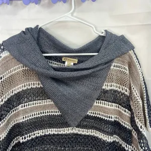 Democracy women's tan gray knit cowl neck tassel crocheted‎ sweater poncho large thumbnail 3