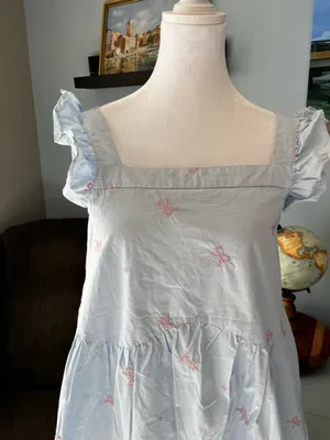 Light Blue Women’s Ruffle-Sleeve Dress with Pink Bow Embroidery Cotton Summer M thumbnail 3