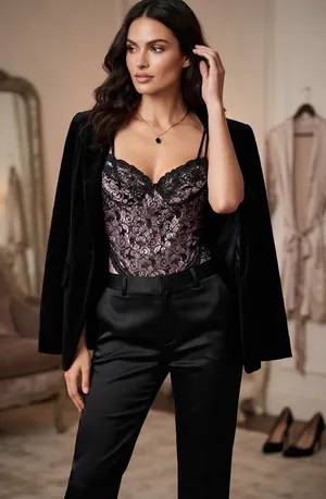 Victoria's Secret Black Pink Lace Bodysuit Thong Teddy 34C V-String Garter-Style thumbnail 1