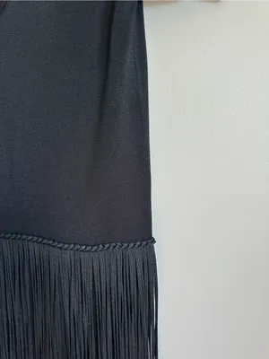 French Connection Fringe Short Sleeve V Neck Dress Black Womens 2 Stretch thumbnail 2
