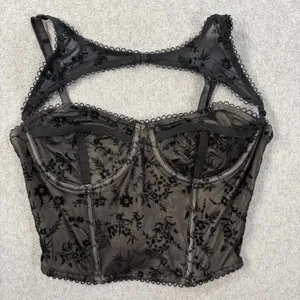 Windsor Black Velvet Floral Flocked Mesh Bustier Corset Top Size SM Adjustable thumbnail 1