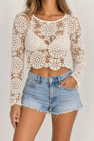 Kendall & Kylie Y2K Ivory Crochet Knit Floral Boho Top Size S Beach Coastal thumbnail 1