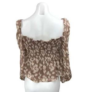 Grade & Gather Brown Floral Long Sleeve Smocked Babydoll Peplum Blouse Top Sz M thumbnail 2