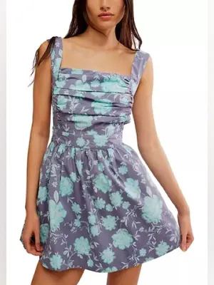 NWT Free People Meet Me in Maui Blue Purple Floral Mini Dress L thumbnail 4