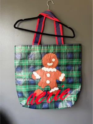 Aerie Holiday Gingerbread Tote Bag with Red and Navy Handles thumbnail 3