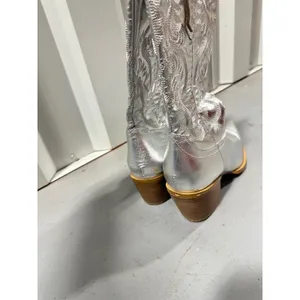 Metallic Silver Western Cowboy Boots with Embroidered Detail and Block Heel thumbnail 6