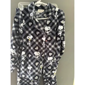 Munki Munki Peanuts Snoopy Fleece Pajama Set XL Black White Plaid Hearts Button thumbnail 3