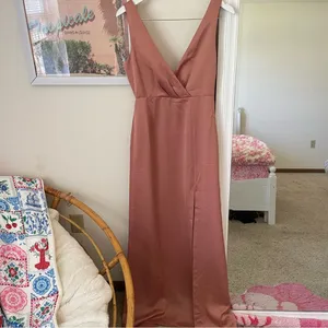 Anthropologie BHLDN Piper V-Neck Side Slit Satin Gown Dress in Sedona US 6 thumbnail 4