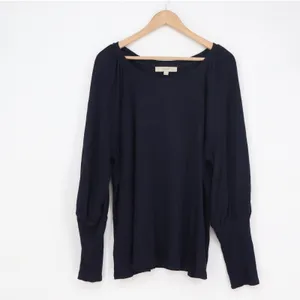 LOFT Womens XL Navy Blue Bishop Sleeve Ribbed Cuff Boat Neck Knit Blouse Top thumbnail 2