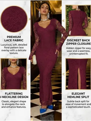 Ekaliy Women Bodycon Maxi Dress Floral Lace Elegant Wine Red. Size M thumbnail 4