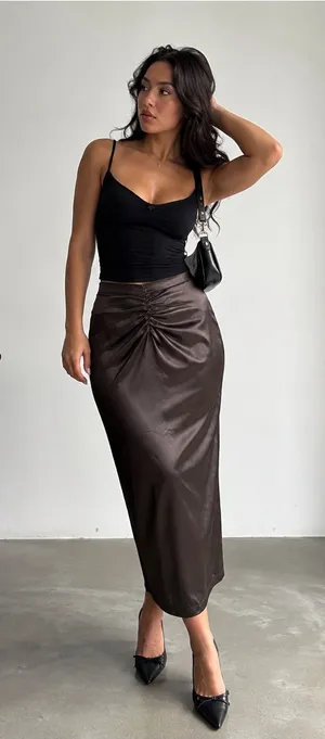 Commense Size L Chocolate Brown Satin Ruched Midi Skirt Slit thumbnail 1