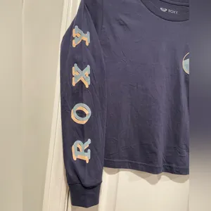 NWT Roxy Size XS Blue Crew Neck Long Sleeve Logo Cropped Tee Shirt Surf Beach 90 thumbnail 4