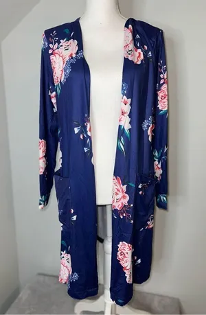 NEW! Women’s Dark Purple Floral Open Front Kimono Robe Size MEDIUM thumbnail 1