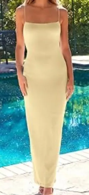 LILLUSORY Summer Casual Spaghetti Strap Double Lined Bodycon Dress Yellow M NWOT thumbnail 1