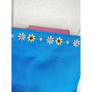 Ralph Shoulder Bag Womens Small Blue Canvas Pink Leather Floral Embroidery thumbnail 2